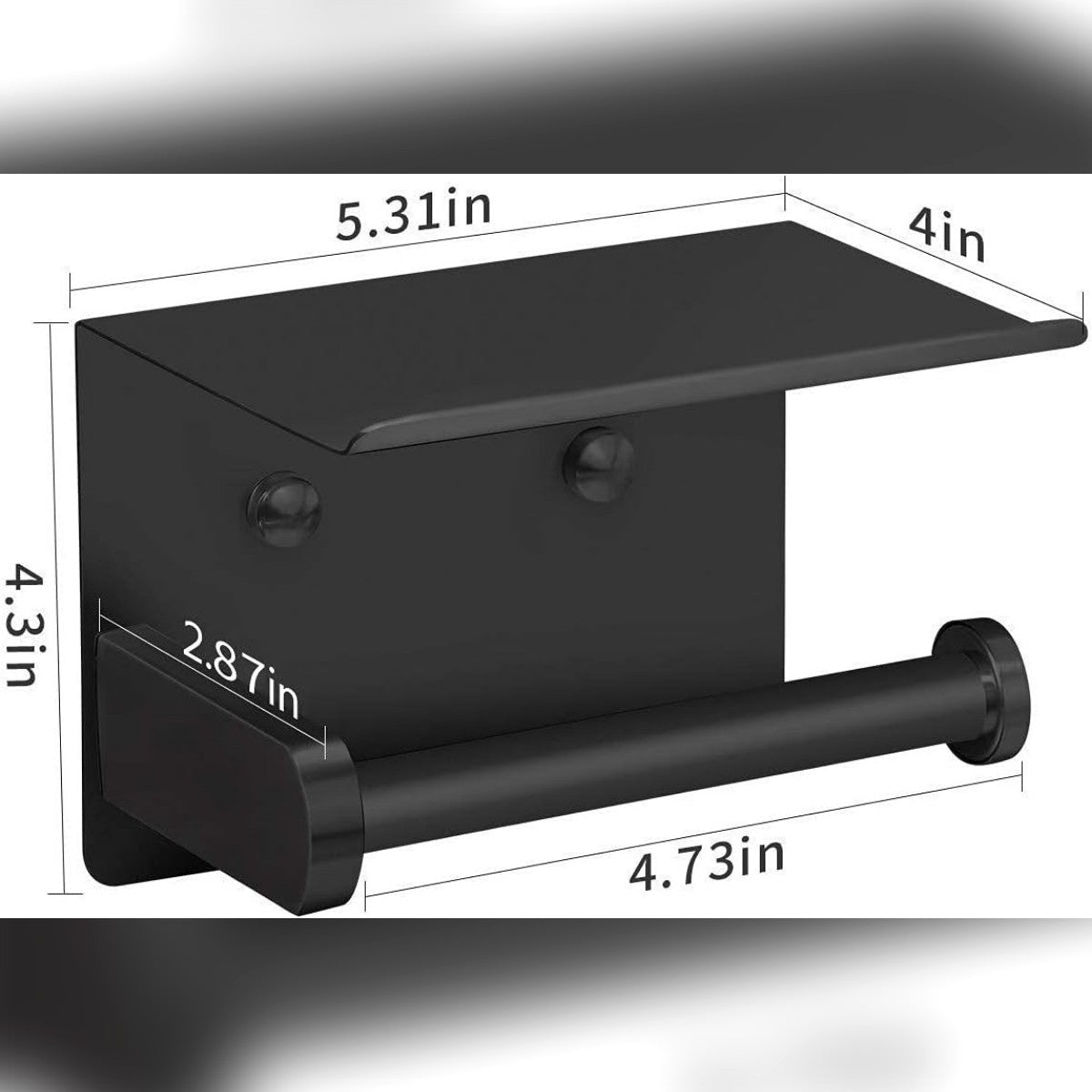 Mått på toalettpappershållaren: 5,31 × 4 × 4,3 tum, ca 13,5 × 10,2 × 10,9 cm, och armen 4,73 tum, ca 12 cm