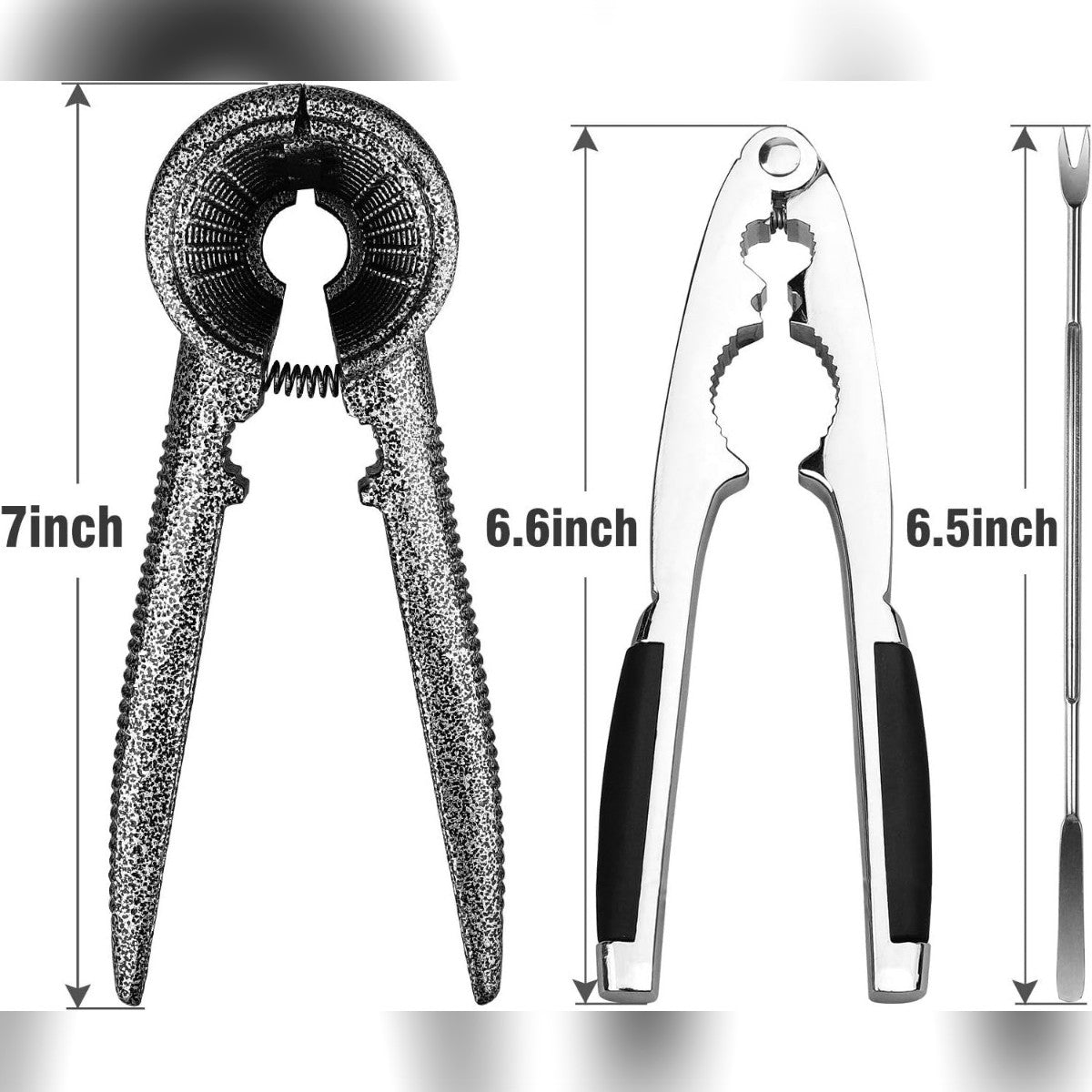 Mått: koppknäckaren 7 tum (ca 17,8 cm), tången 6,6 tum (ca 16,8 cm) och nötpetaren 6,5 tum (ca 16,5 cm)