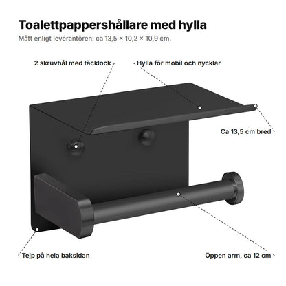 Toalettpappershållaren förklarad: hylla för mobil och nycklar, två skruvhål med täcklock, tejp på hela baksidan, öppen arm på ca 12 cm, ca 13,5 cm bred