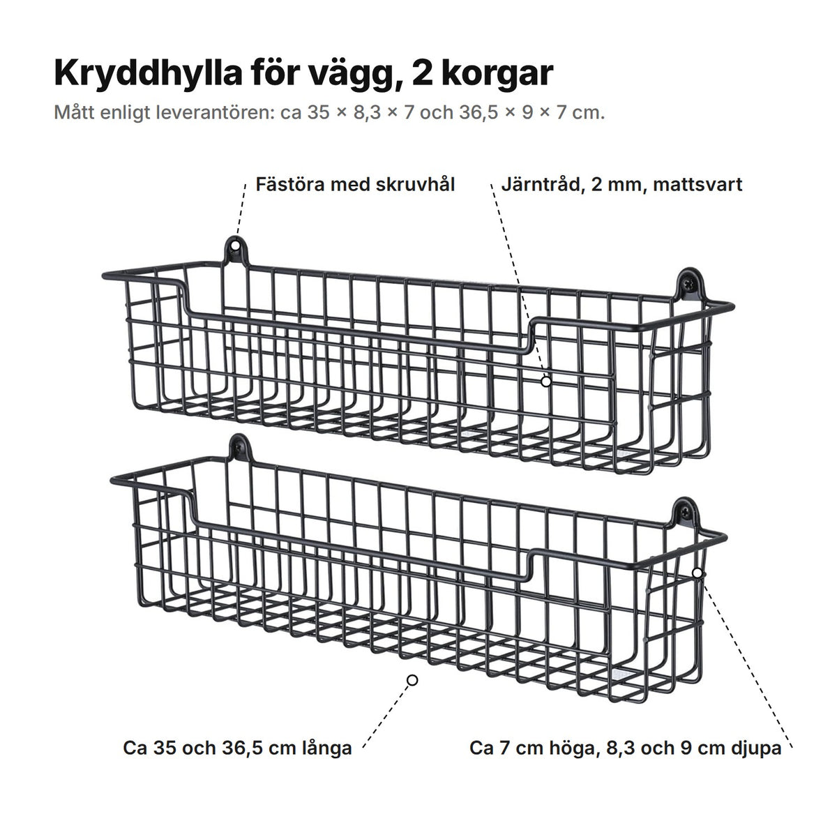 Kryddhyllan förklarad: två korgar i mattsvart järntråd, 2 mm, med fästöron för skruv, ca 35 och 36,5 cm långa, 8,3 och 9 cm djupa och 7 cm höga