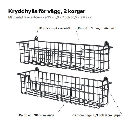 Kryddhyllan förklarad: två korgar i mattsvart järntråd, 2 mm, med fästöron för skruv, ca 35 och 36,5 cm långa, 8,3 och 9 cm djupa och 7 cm höga