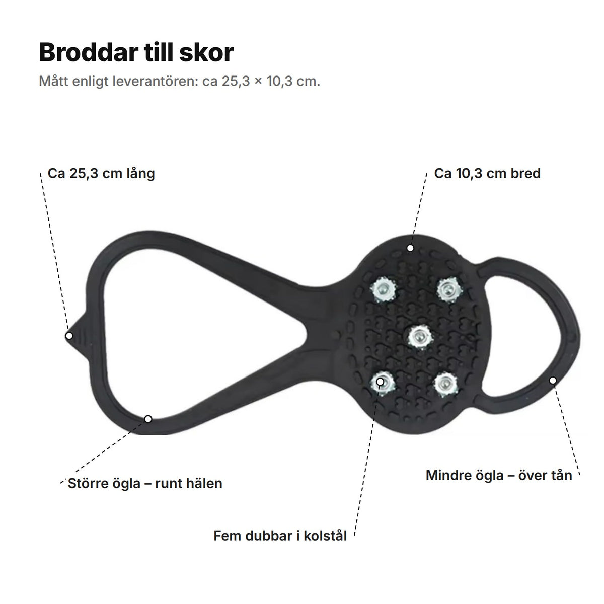 Brodden förklarad: större ögla runt hälen, fem dubbar i kolstål, mindre ögla över tån, ca 25,3 cm lång och 10,3 cm bred