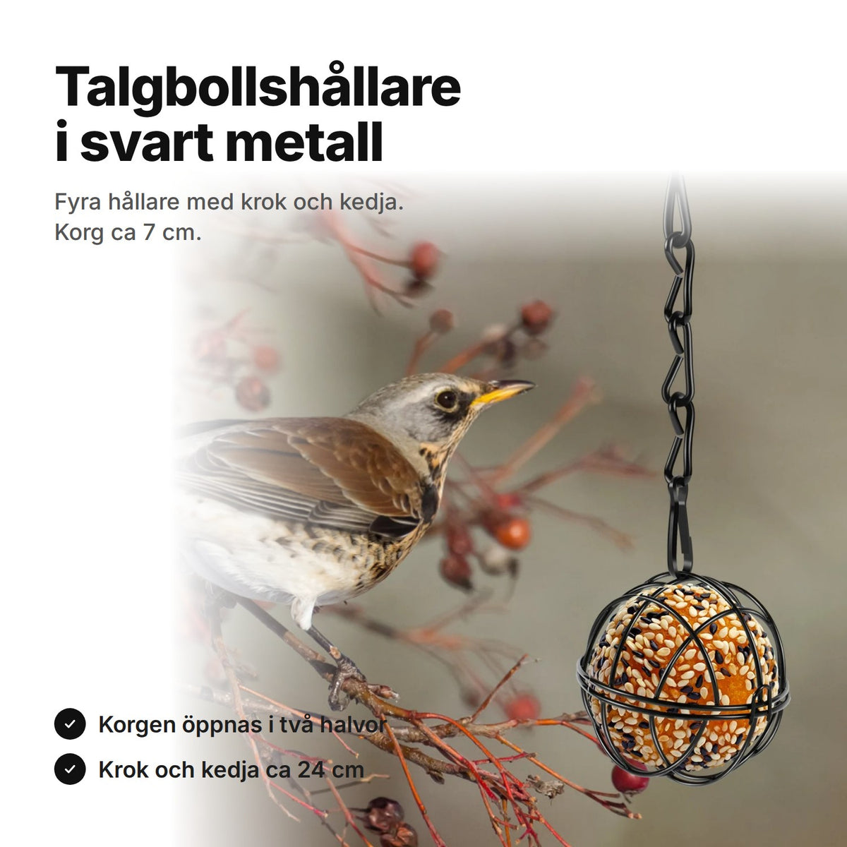 Talgbollshållare i svart metall med talgboll – krok och kedja ca 24 cm, korg ca 7 cm