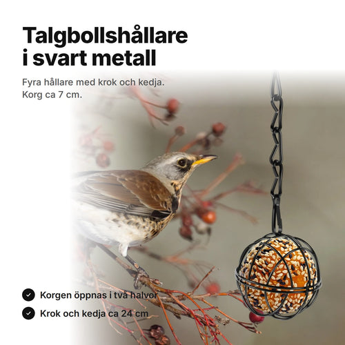 Talgbollshållare i svart metall med talgboll – krok och kedja ca 24 cm, korg ca 7 cm