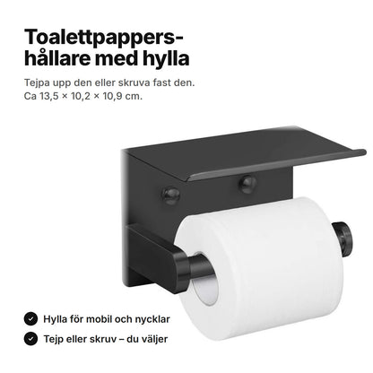 Toalettpappershållare med hylla i svart rostfritt stål med en toarulle på armen – tejpa upp den eller skruva fast den, ca 13,5 × 10,2 × 10,9 cm