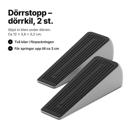 Dörrstopp: två dörrkilar med grå sidor och svart räfflad ovansida – ca 12 × 3,9 × 3,2 cm per kil