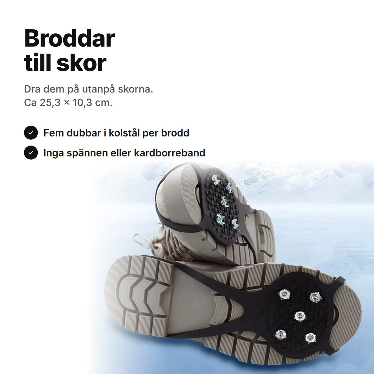 Broddar till skor på två vinterkängor – ca 25,3 × 10,3 cm, fem dubbar i kolstål per brodd