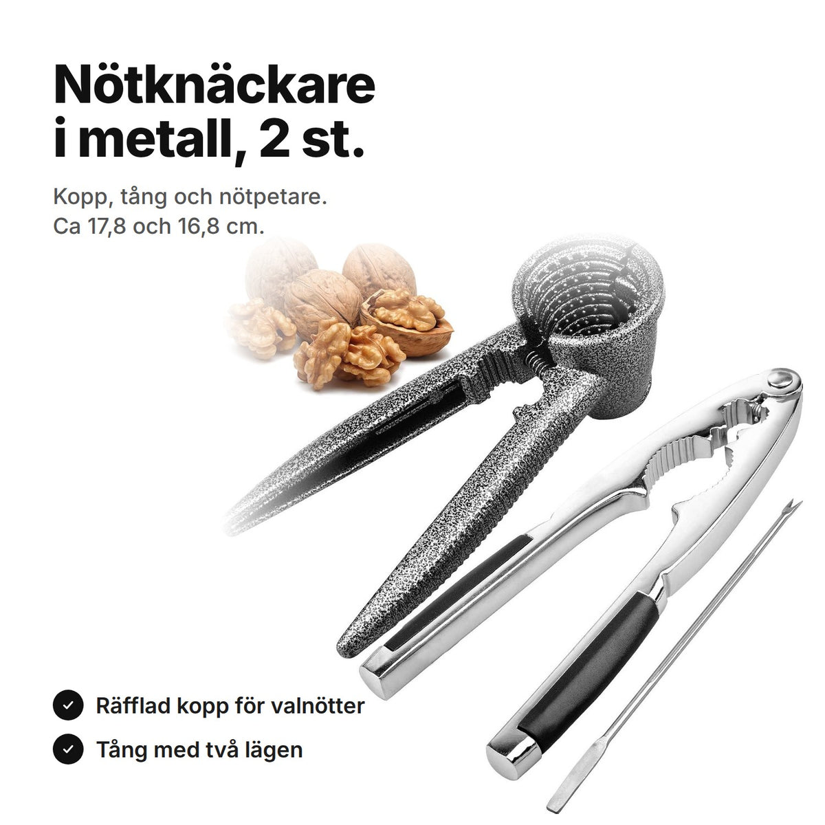 Nötknäckare i metall, 2 st.: grå koppknäckare, blank tång och nötpetare bredvid valnötter – ca 17,8 och 16,8 cm