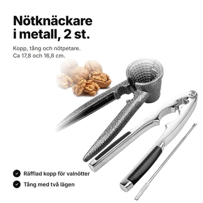 Nötknäckare i metall, 2 st.: grå koppknäckare, blank tång och nötpetare bredvid valnötter – ca 17,8 och 16,8 cm