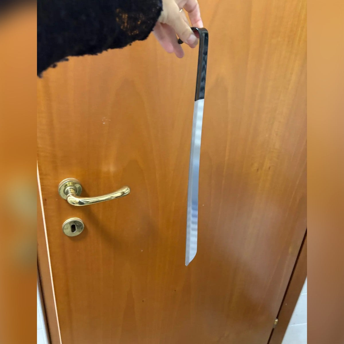 Köparens foto: skohornet hålls i kroken framför en dörr